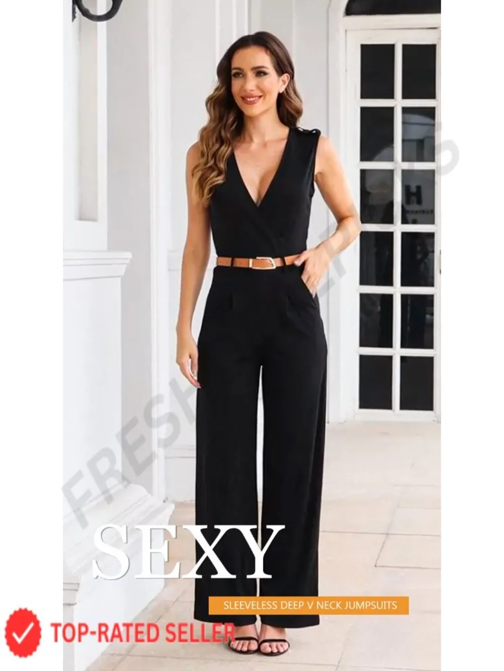 Women's Wide Leg Jumpsuit V-Neck Sleeveless Romper with Pockets & Belt